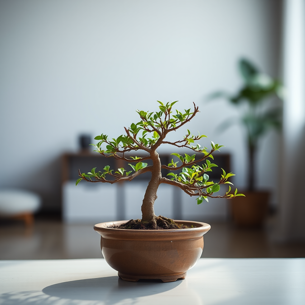 Bonsai tree in a ceramic pot, indoor setting, soft natural lighting, shallow depth of field, aperture f/2.8, ISO 100, focal length 50mm, taken with a DSLR camera, clean and minimalistic background.