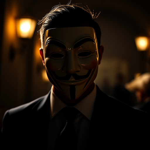 Create an image of a person wearing a Guy Fawkes mask and a suit, captured in a dramatic low-light setting with a Canon EOS R5, 50mm f/1.2 lens, ISO 800, aperture f/1.2, shutter speed 1/60s, using a cinematic style.