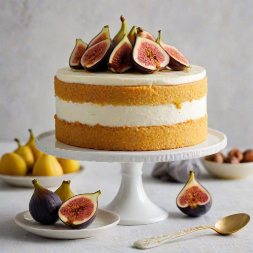 Create an image of a layered cake on a white cake stand. The cake should have a smooth frosting, showcasing layers of yellow cake and a light filling, topped with fresh figs. The background should feature a soft, patterned design in warm colors. The scene should convey a sense of elegance and sweetness.