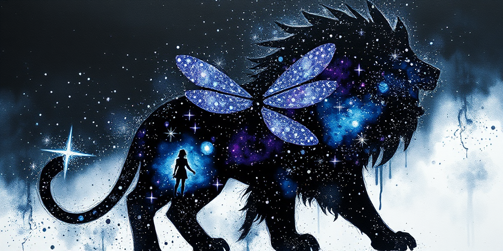Captivating conceptual render alcohol ink art, double exposure, the paint strokes artfully merge combining a woman's full silhouette with a Delicate dragonfly's silhouette. The figures are composed of a series of colored dots, lines & spots that evoke the image of a cosmic galaxy, colors are deep shades of blue purple & black with flashes of white & silver representing distant stars. The woman's silhouette is formed within the lion's silhouette from constellations of scattered stars, surreal