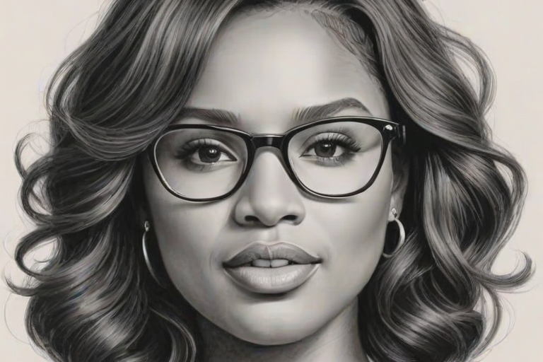 Enticing Jennifer Hudson, pencil sketch, portrait of Lovely woman 1949s in glasses, hair style beatnik, outline, clear lines, fine lines, 8k