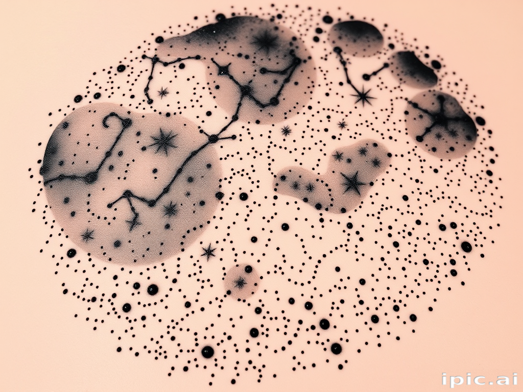 Dotwork tattoo "Celestial Whispers" depicting a dreamy night sky filled with constellations and galaxies, created entirely with meticulously placed black ink dots of varying sizes and densities