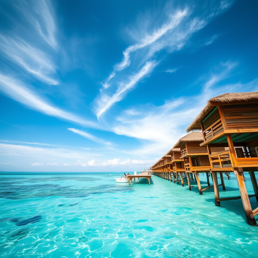Capture a vibrant tropical ocean scene featuring wooden huts on a pier extending over clear blue waters, with a sunny sky and wispy clouds; settings: ISO 100, aperture f/8, shutter speed 1/200s; view: wide-angle shot; style: high dynamic range; type: DSLR.