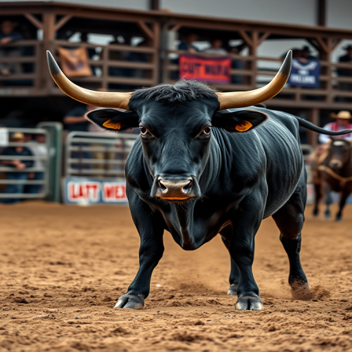 Capture a high-resolution image of a black bull charging in a rodeo setting at the Shootout Arena in Tombstone, AZ, using a Canon EOS 5D Mark IV with a 24-70mm lens at f/4, ISO 100, shutter speed 1/500 sec, taken from a low-angle view to emphasize the bull's powerful stance and motion.