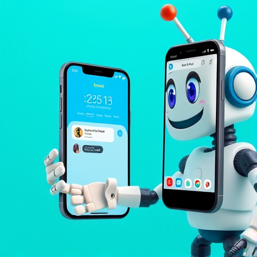A cartoon robot character with a friendly expression gesturing towards a smartphone displaying a chat interface, in a vibrant teal background, captured with a DSLR camera, f/5.6 aperture, ISO 200, 24mm lens, high contrast, and bright colors.
