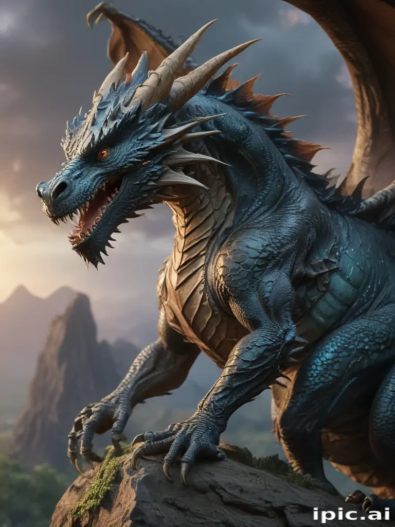 Majestic Dragon Perched on Rocky Cliff Against a Dramatic Landscape