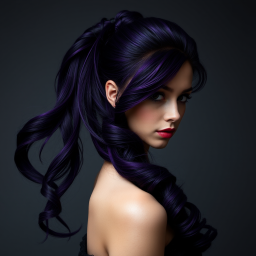 Mysterious deep purple-haired enchantress with a sleek, high ponytail featuring wrapped sections and cascading curls