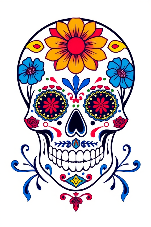 Create a colorful and detailed sugar skull design with intricate blue floral patterns on a white background, using a DSLR camera with a 50mm lens, f/2.8 aperture, ISO 100, and a soft focus style to enhance the vibrancy and depth of the colors.