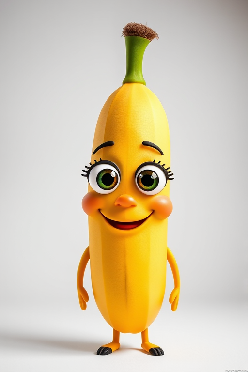 Create a vibrant and cheerful cartoon banana character with big expressive eyes and a friendly smile, using a shallow depth of field, 50mm lens, f/2.8 aperture, with bright studio lighting and a white seamless background for enhanced clarity and color.