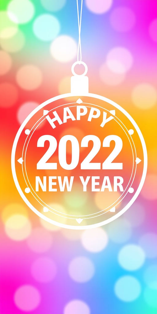 Create a vibrant New Year decoration with a colorful gradient background, featuring the text "HAPPY 2022 NEW YEAR" in bold white font centered within a large ornament circle, captured with a DSLR camera at f/2.8 aperture, ISO 100, using a 50mm lens, in soft focus with a bokeh effect.
