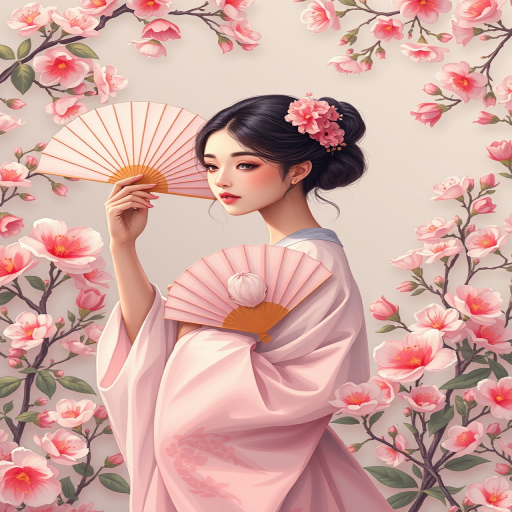 Create a digital illustration of a graceful figure holding a fan surrounded by blooming flowers, using a Canon EOS R5 camera with a 50mm lens, f/1.8 aperture, ISO 100, and a soft, diffused lighting setup for vibrant colors and details.