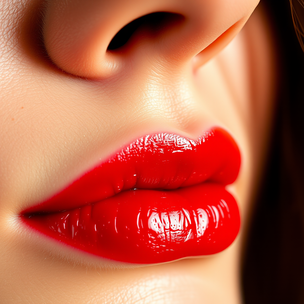 Create a close-up, high-resolution image of vibrant red lips, shot with a DSLR camera at f/2.8 aperture, 1/250 shutter speed, ISO 100, using a macro lens for sharp detail and rich color saturation.