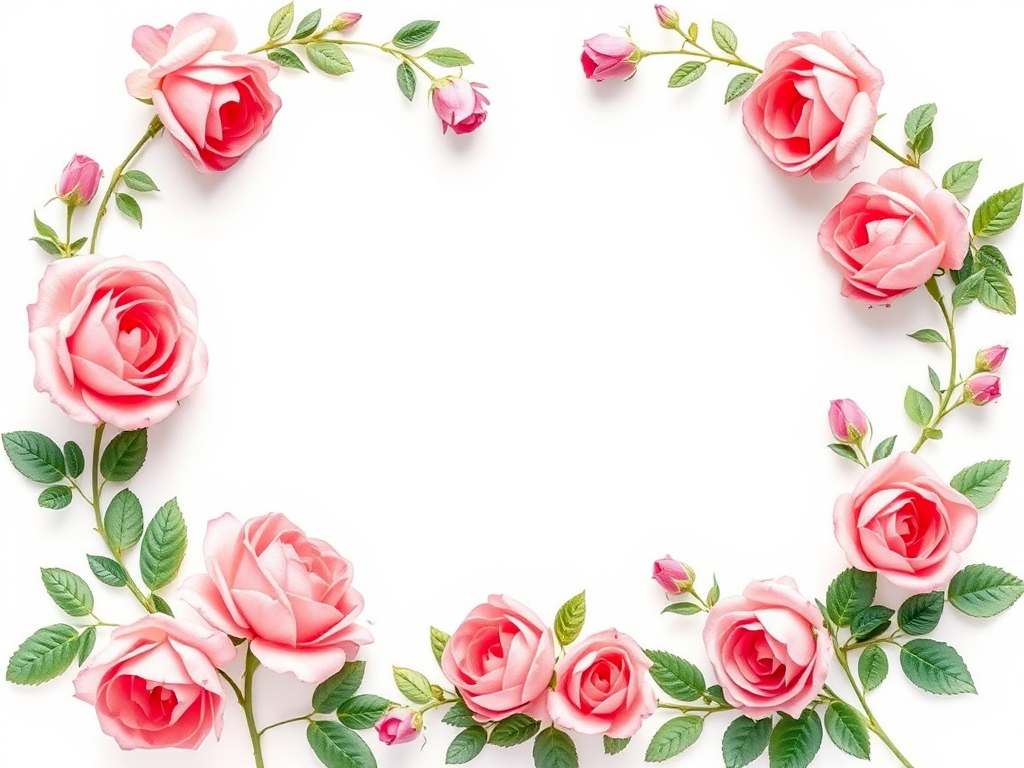create a watercolor floral border with soft pink roses and greenery on the top and bottom edges of a white background using a Canon EOS R5 with f/4 aperture, 50mm lens, shot from a straight-on view in natural light for enhanced detail and color vibrancy