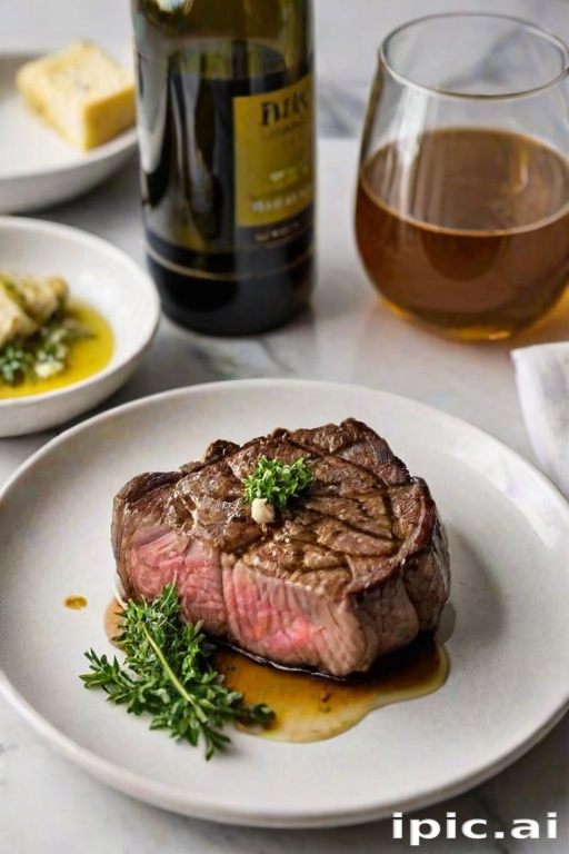 Create an image of a perfectly seared ribeye steak, resting on a white plate with a pat of melting butter on top. The steak is seasoned with fresh herbs like thyme and parsley, with glistening juices highlighting the texture of the meat. The background features a soft focus on a light, marble countertop, with a small dish of butter and an olive oil bottle in the distance. The overall mood should be warm and inviting, capturing the deliciousness and juiciness of the steak.