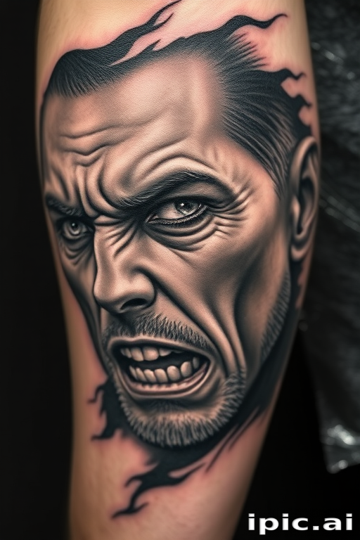 Realistic grayscale tattoo titled "Timeless Portrait" depicting a hyper-detailed human face with intense emotions, utilizing shading techniques to create depth and dimension on the skin