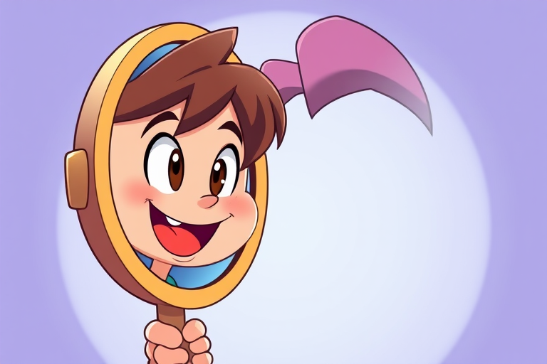 Create a high-resolution illustration of a cartoon character looking into a hand mirror, showcasing a happy expression, using a DSLR camera with a 50mm lens at f/2.8 aperture, 1/125 shutter speed, and ISO 100, in a well-lit studio setting for vibrant colors and sharp details.