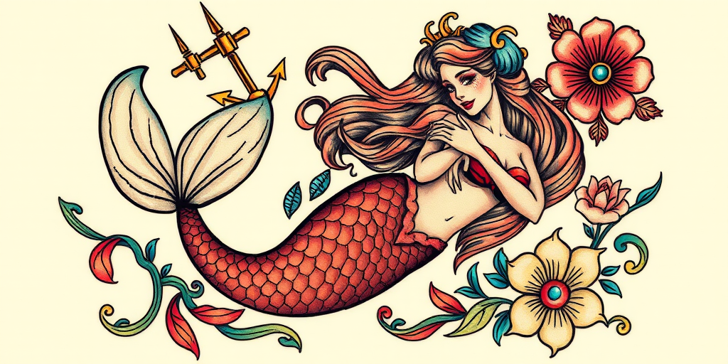 Neo-traditional mermaid tattoo with vivid colors and bold outlines, adorned with nautical elements and art deco-inspired ornamental details for a stunning vintage-inspired design