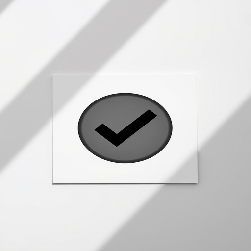 Generate an image of a minimalistic black and white design featuring a checkmark icon, captured with a Canon EOS R5 at f/8, 1/125 sec, ISO 100, in a flat lay view with natural lighting, emphasizing sharpness and clarity.