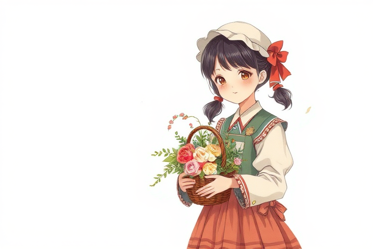 Create a vintage-style illustration of a girl in traditional dress holding a basket of flowers, soft focus, high resolution, 50mm lens, f/1.8 aperture, natural lighting, shot at eye level.