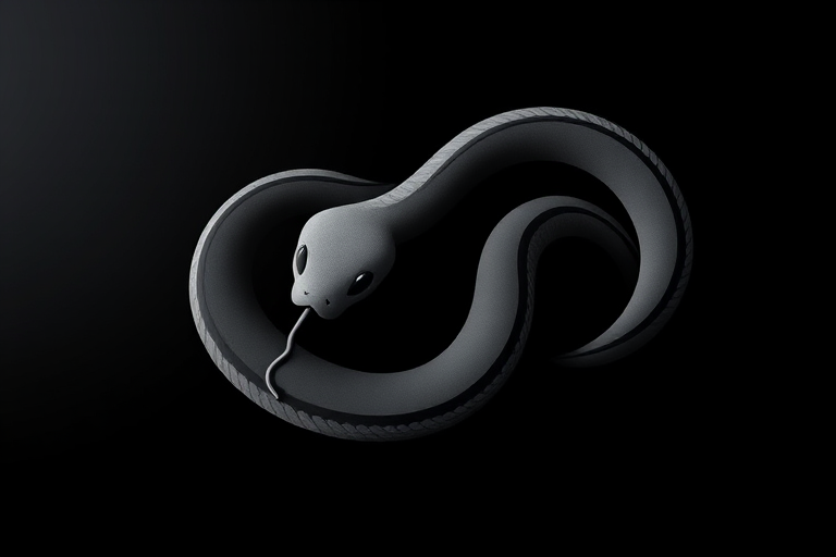 Create a high-contrast vector image of a stylized snake design with smooth curves and a bold outline on a dark background, using a Canon EOS 5D Mark IV camera with a 50mm f/1.8 lens, soft lighting, and a top-down view for enhanced detail and clarity.