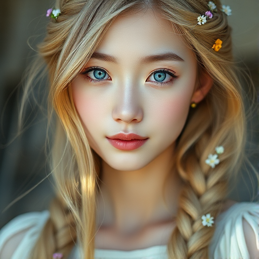 Create an image of a young Korean woman with long, wavy blonde hair, adorned with small, colorful flowers woven into her braids and loose strands. Her complexion is fair, with soft, glowing skin, and she has light blue eyes that gaze softly at the viewer. She wears a light, flowing dress with a gentle, ethereal quality, complementing her delicate and serene appearance. The background is slightly blurred, drawing focus to her tranquil expression and the intricate details of the flowers in her hair. The overall mood of the image is one of natural beauty and grace, evoking a sense of peacefulness and connection with nature.