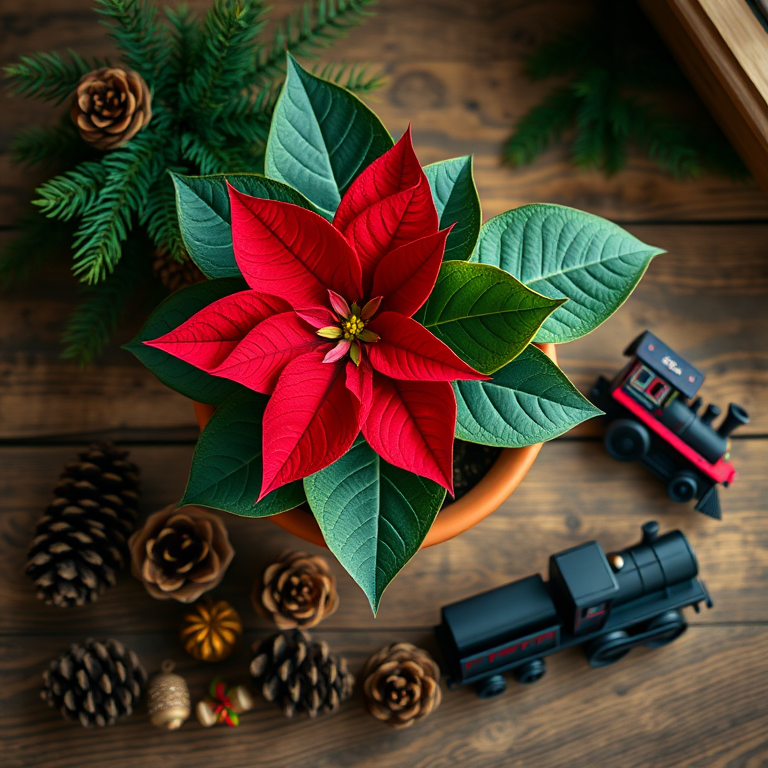 poinsettia plant in a terracotta pot surrounded by pine cones and a train decoration on a wooden table, soft natural light, aperture f/2.8, shutter speed 1/60s, ISO 200, macro lens, top-down view, DSLR camera