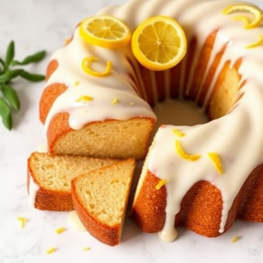 A beautifully decorated lemon bundt cake with a glossy white icing drizzled in a spiral pattern topped with bright yellow lemon zest slices and several slices of the cake cut and arranged beside it, all set on a light marble background.