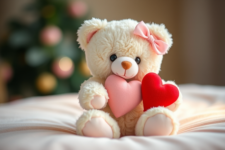 A cute teddy bear with a pink bow holding a pink heart and a red heart sitting on a soft surface, shallow depth of field, aperture f/1.8, ISO 200, 50mm lens, soft natural lighting, DSLR camera, portrait orientation.
