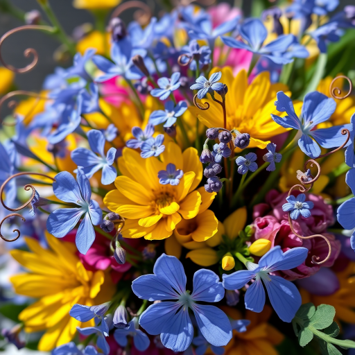 Create a vibrant floral arrangement with delicate blue flowers, yellow accents, and intricate swirling vines, shot with a Canon EOS R5 at f/2.8, ISO 100, and a 100mm macro lens, in bright natural light for enhanced color and detail.