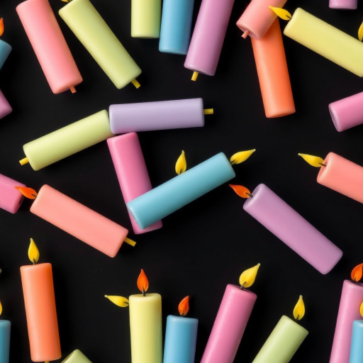 Create a seamless pattern of stylized candles in pastel colors on a solid black background, using a high-resolution digital camera with a 50mm lens at f/8, ISO 100, in a top-down view to capture vibrant details and enhance image quality.