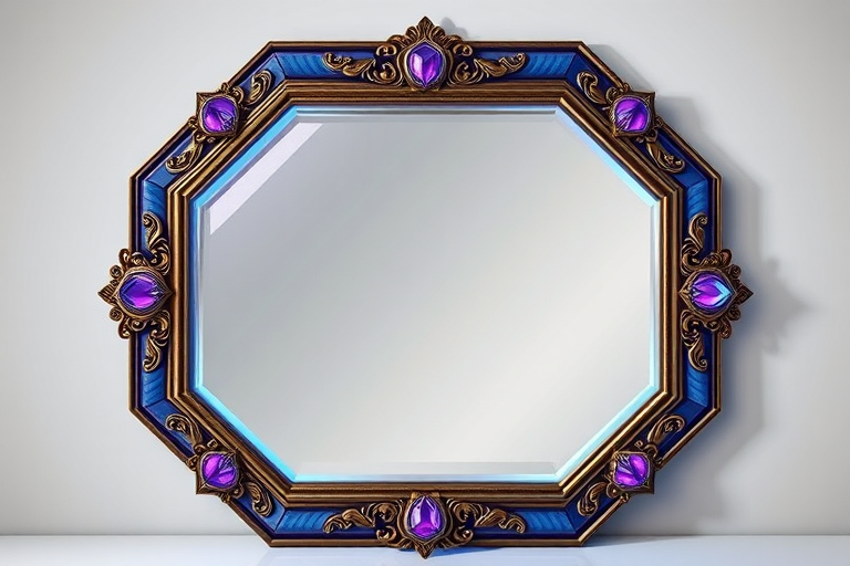 Create a high-resolution illustration of a large, ornate, octagonal mirror with a blue and purple gem-like border, using a DSLR camera with a 50mm lens at f/2.8, 1/125s shutter speed, and ISO 100, in a softly lit studio setting with a neutral background to enhance contrast and clarity.