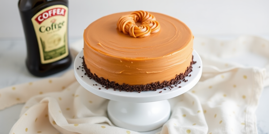 A beautifully decorated round cake on a white pedestal with a smooth caramel-colored frosting decorated with swirls on top and chocolate sprinkles around the base with a bottle of coffee liqueur in the background and a light fabric with gold polka dots beneath it.