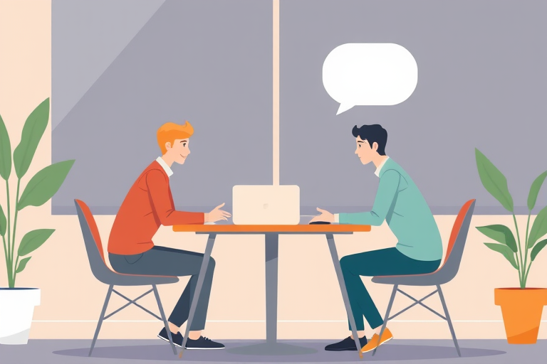 Create a digital illustration of two people sitting at a table with a laptop between them, engaging in conversation with speech bubbles, using a flat design style, 50mm lens, f/2.8 aperture, shot from eye level to enhance clarity and detail.