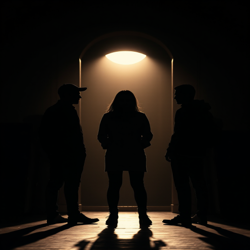 Regenerate a dramatic silhouette scene with three figures in a dimly lit setting, using a Canon EOS R5 camera, 50mm lens, f/1.8 aperture, ISO 400, 1/60 shutter speed, with soft backlighting and a warm monochromatic color scheme to enhance contrast and detail.