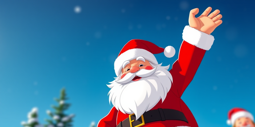 Create a vibrant cartoon image of Santa Claus standing with one hand raised, using a 50mm lens, with an aperture of f/2.8, ISO 100, shot at a 45-degree angle, in bright daylight, using a digital DSLR camera for enhanced clarity and color saturation.