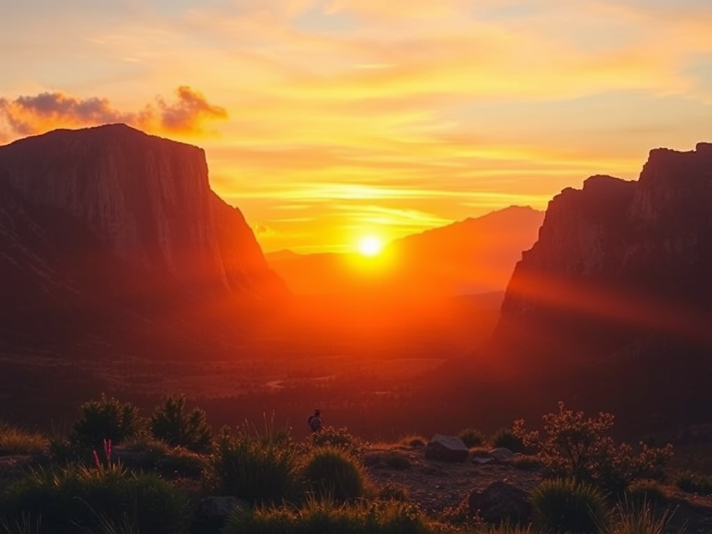 Generate a vibrant sunset landscape featuring a lone hiker in front of majestic mountains and a lush valley, using a DSLR camera with a wide-angle lens, f/8 aperture, ISO 100, 1/250 sec shutter speed, and a golden hour setting to enhance colors and detail.