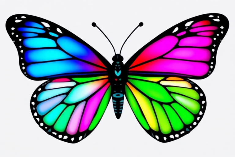 Generate an image of a butterfly with vibrant colors including blue, pink, and green. The wings should have intricate patterns and a black outline, creating a striking contrast. The background should be simple to highlight the butterfly's colors and design.