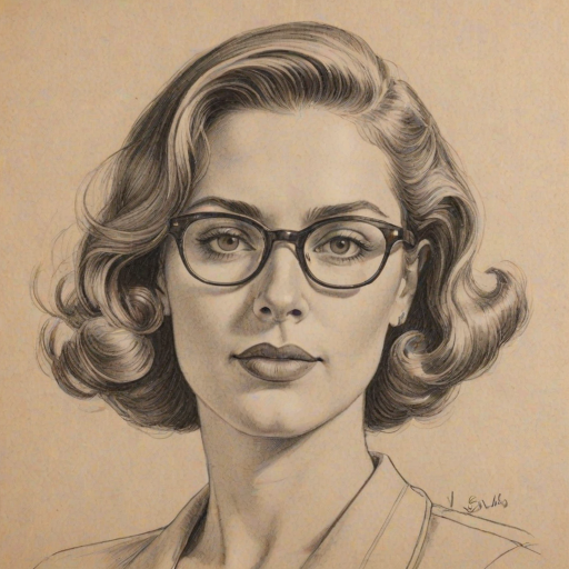 Wonderful Dulc' Sloan, pencil sketch, portrait of Gorgeous woman 1942s in glasses, hair style beatnik, outline, clear lines, fine lines, 8k