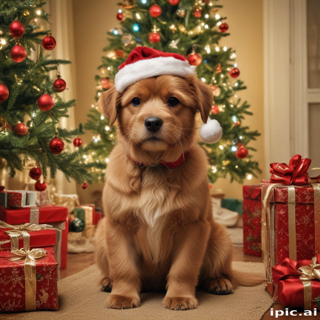 A Festive Golden Dog Wearing a Santa Hat Surrounded by Christmas Trees ...
