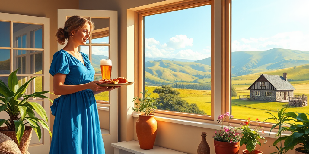 In "A Glass of Beer on the Highland," a serene scene is depicted in a sunlit room where a woman in a vibrant blue dress stands by a large window. She holds a tray with a hearty meal and a frothy glass of beer, embodying a moment of relaxation. Outside, the breathtaking highland landscape features rolling green hills and a charming traditional house, all bathed in warm afternoon light. The interior is adorned with potted plants, creating a harmonious blend of comfort and nature. The painting beautifully captures the tranquility and joy found in simple pleasures amidst stunning scenery