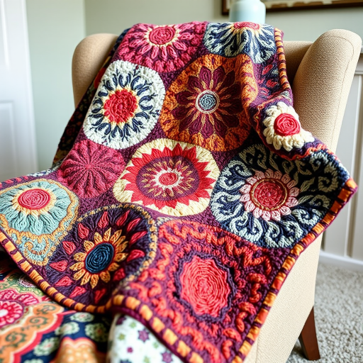 Close-up of an intricate handmade quilt, showcasing vibrant patterns and textures, draped over a cozy chair in a softly lit room, inviting warmth and comfort.
