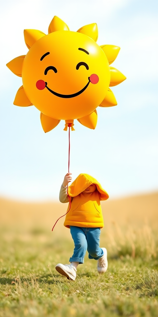 Create a playful cartoon character walking while holding a smiling sun balloon, bright colors, simple lines, DSLR camera, f/2.8 aperture, ISO 100, 50mm lens, natural soft lighting, portrait view.