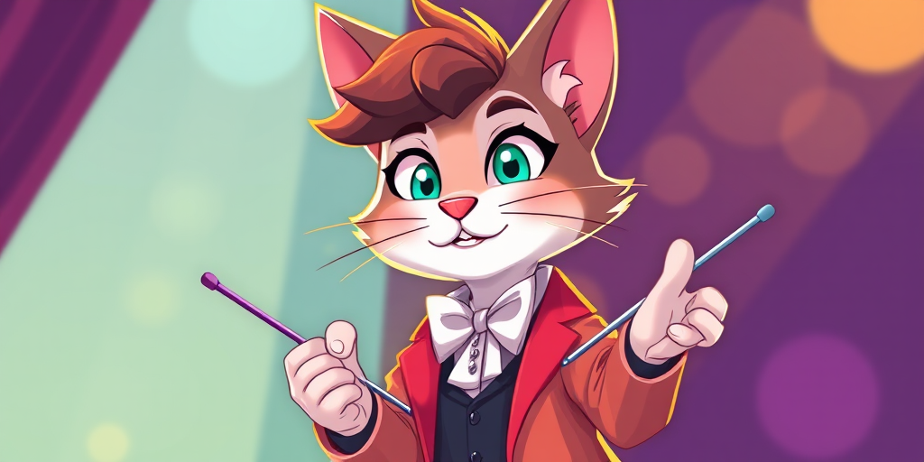 Create an illustration of an animated anthropomorphic cat character with a sophisticated hairstyle and stylish outfit, holding a conductor's baton, in a vibrant, colorful style, using a digital art technique; camera settings: f/4, ISO 100, 1/60s, camera view: medium shot, camera style: cartoonish, camera type: digital tablet.