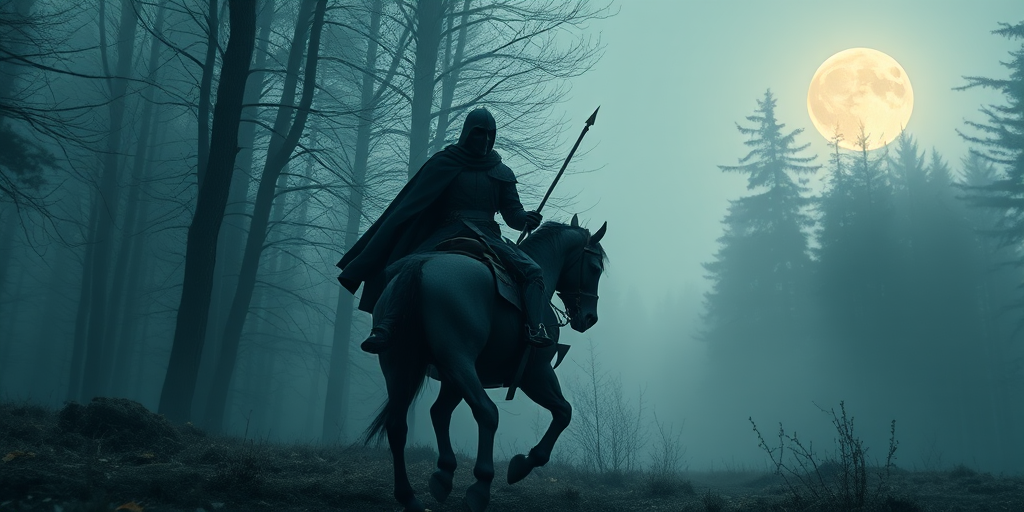 Fantasy scene of a dark knight on a black horse riding through a misty forest with a full moon in the background, captured with a DSLR camera, 50mm lens, f/1.8 aperture, ISO 100, and a low angle view to enhance depth and details.