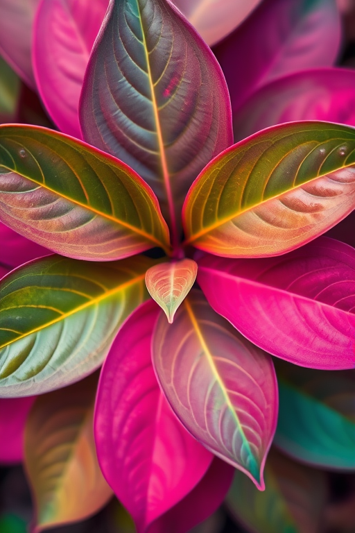 Generate a vibrant abstract image of overlapping leaves with a mix of magenta, green, and blue hues using a DSLR camera, f/2.8 aperture, ISO 100, 50mm lens, shallow depth of field, top-down view, and soft focus effect.