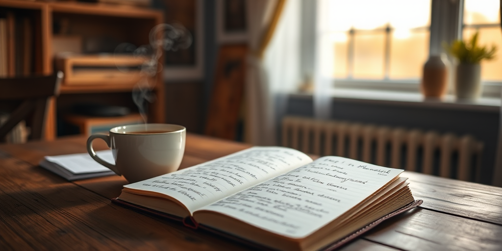 Warmly lit photo of an open journal on a wooden desk, soft natural light from a nearby window illuminating the handwritten notes, with a cup of tea steaming beside it and a cozy atmosphere filling the room.