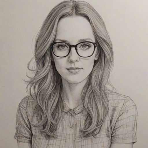 Lovely Ingrid Michaelson, pencil sketch, portrait of Splendid woman 1973s in glasses, hair style beatnik, outline, clear lines, fine lines, 8k