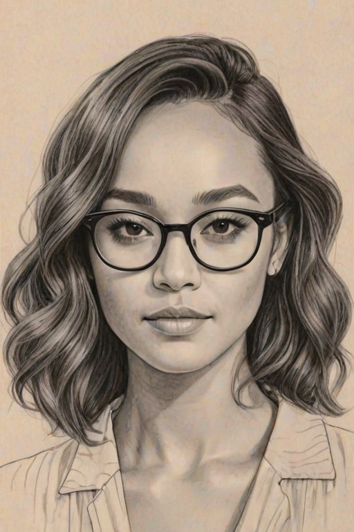 Pleasing Ashley Madekwe, pencil sketch, portrait of Enchanting woman 1928s in glasses, hair style beatnik, outline, clear lines, fine lines, 8k