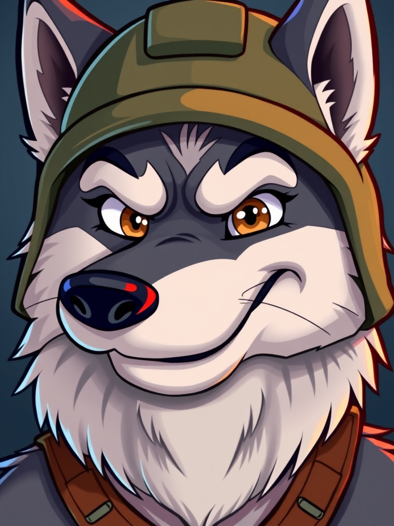 Create an illustration of a cartoonish wolf wearing a military helmet with a mischievous smile, detailed fur texture, vibrant colors, with a focus on expressions, captured using a DSLR camera at f/8 aperture, 50mm lens, in a close-up portrait style, high dynamic range for enhanced contrast and sharpness.