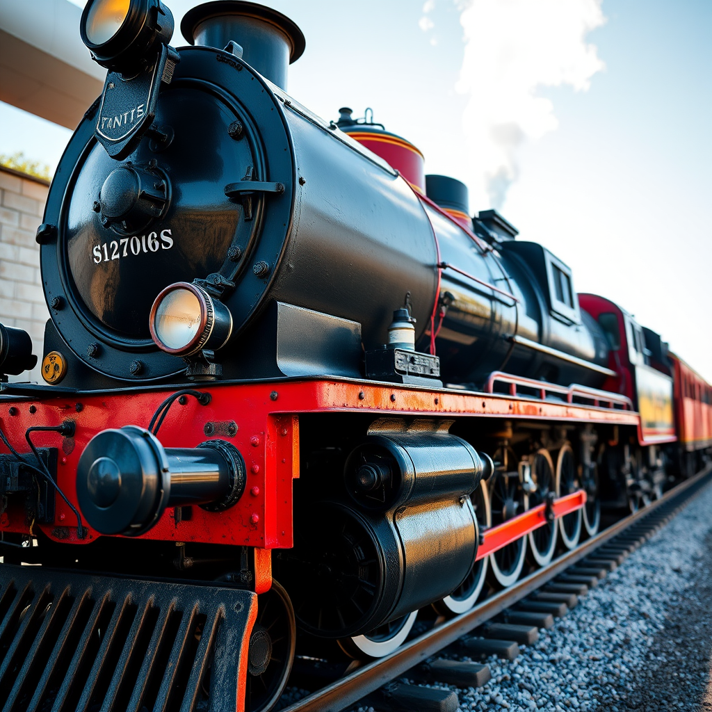 Create a detailed image of an antique steam locomotive with vibrant colors and intricate steam details, captured in sharp focus at f/8 aperture, ISO 100, 1/250 sec shutter speed, using a wide-angle lens, shot from a low angle to emphasize the train's grandeur, in natural daylight for enhanced clarity.